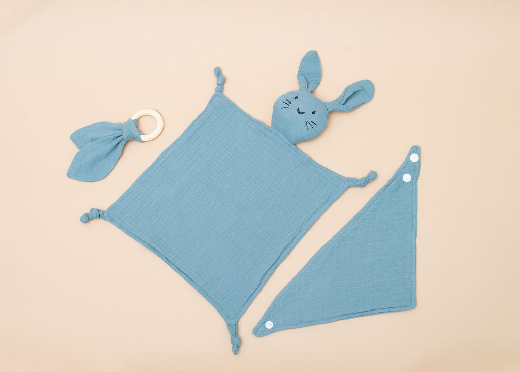 Cotton Muslin Comforter, Bib and Wooden Teething Ring