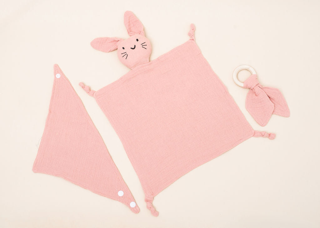 Cotton Muslin Comforter, Bib and Wooden Teething Ring