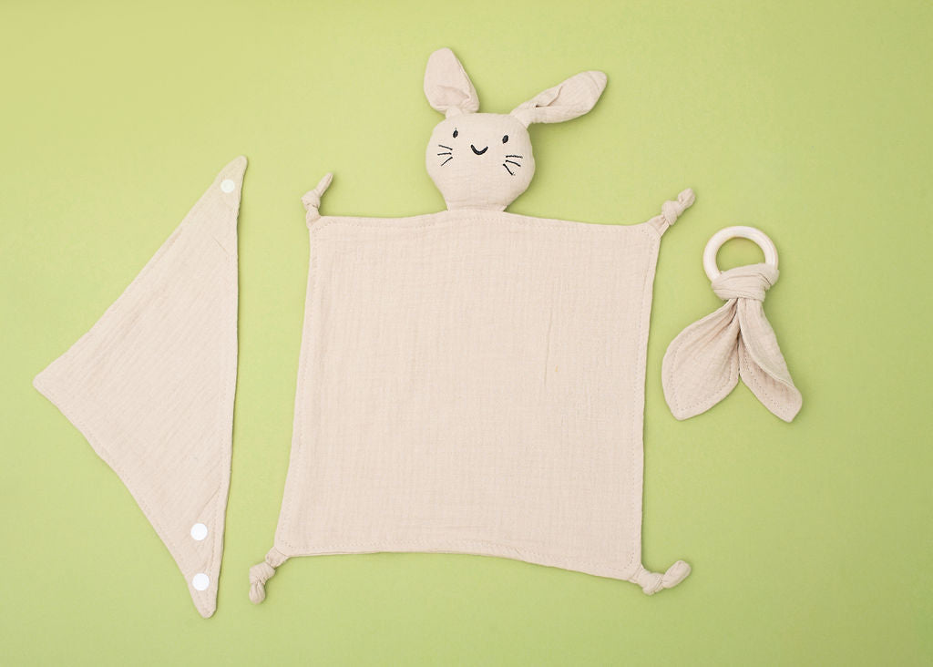 Cotton Muslin Comforter, Bib and Wooden Teething Ring