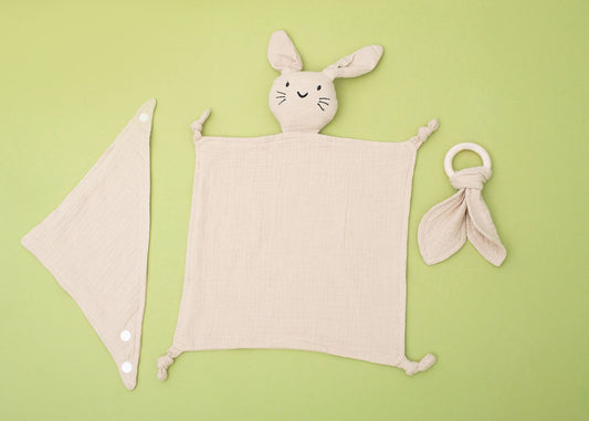 Cotton Muslin Comforter, Bib and Wooden Teething Ring