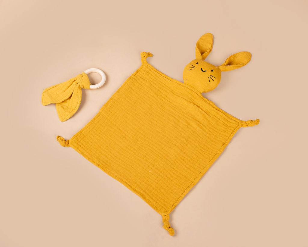 Cotton Muslin Comforter, Bib and Wooden Teething Ring